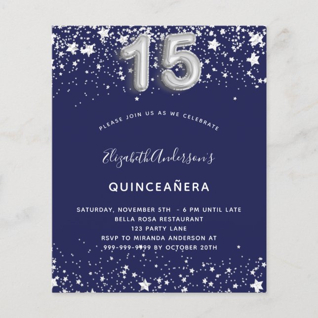 Budget Quinceanera navy blue silver invitation (Front)