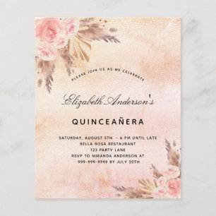 Budget Quinceanera pampas grass blush invitation