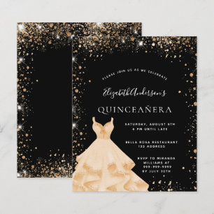 Budget Quinceanera party black gold glitter dress