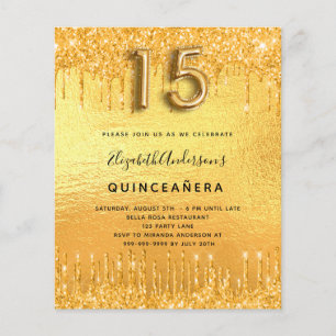 Budget Quinceanera party gold glitter invitation