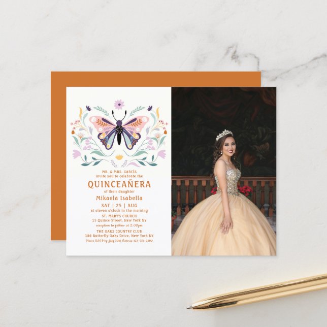 Budget Quinceañera Pink Butterfly Photo Floral (Front/Back In Situ)