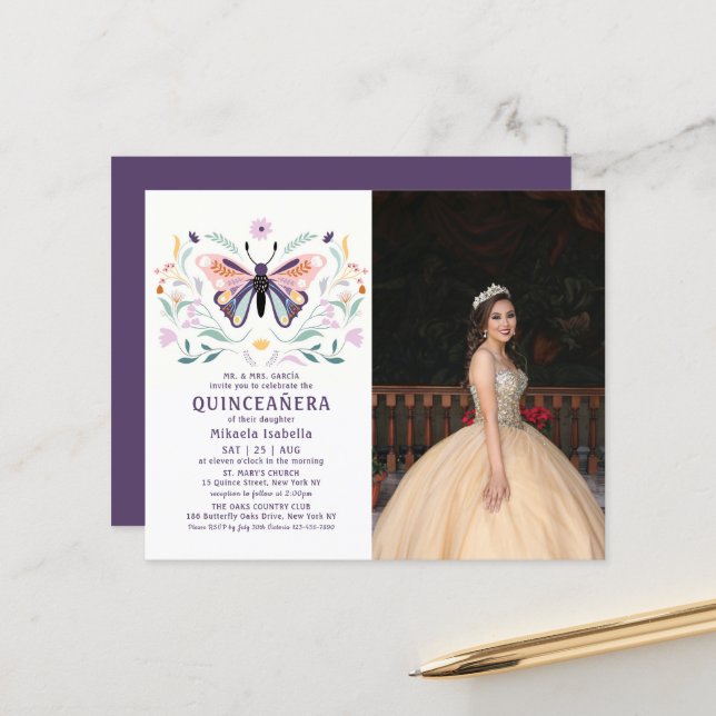 Budget Quinceañera Pink Butterfly Photo Floral (Front/Back In Situ)