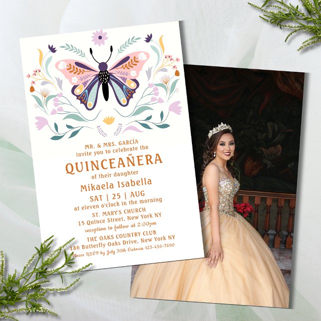 Budget Quinceañera Pink Butterfly Photo Floral Flyer (Creator Uploaded)