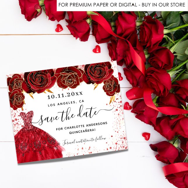 Budget Quinceanera red dress white save the date (Creator Uploaded)