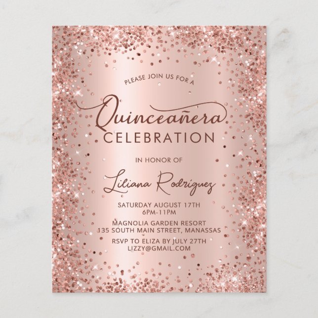 Budget Quinceanera Rose Gold Glitter Invitation (Front)