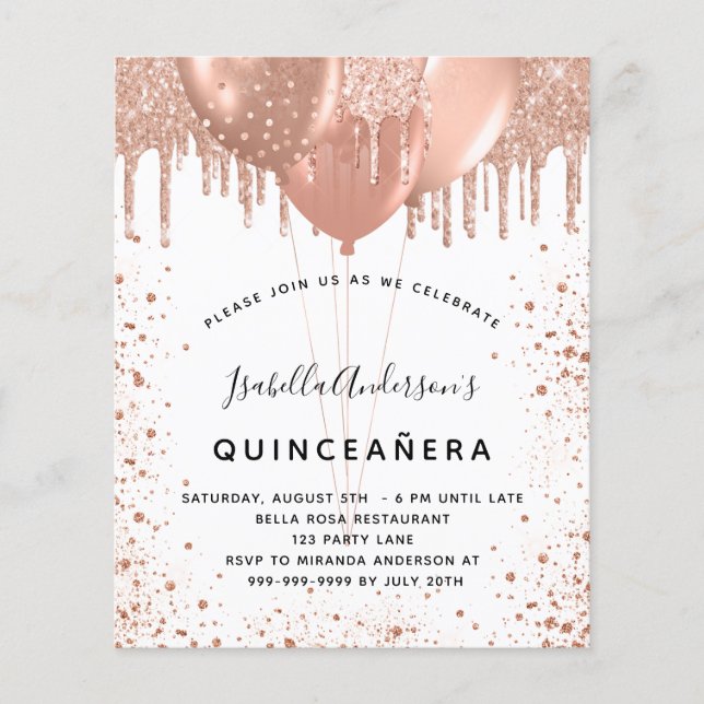 Budget Quinceanera rose gold glitter invitation (Front)