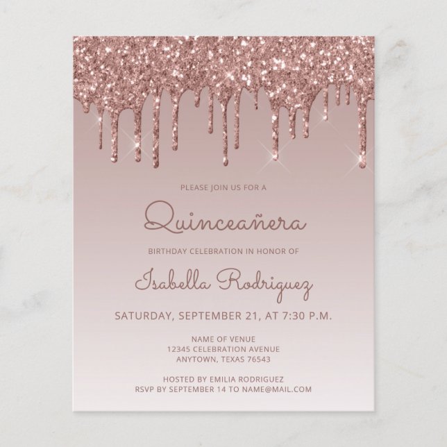 Budget Quinceañera Rose Gold Glitter Invitation (Front)