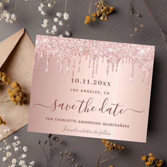 Budget Quinceanera rose gold glitter Save the Date (Creator Uploaded)