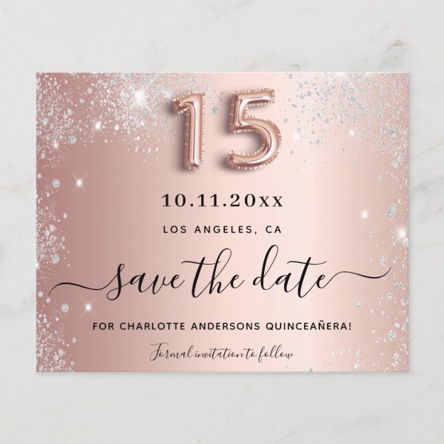Budget Quinceanera rose gold silver save the date (Front)