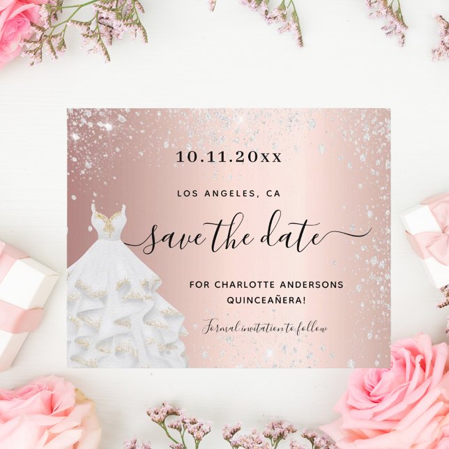 Budget Quinceanera rose silver dress save the date (Creator Uploaded)