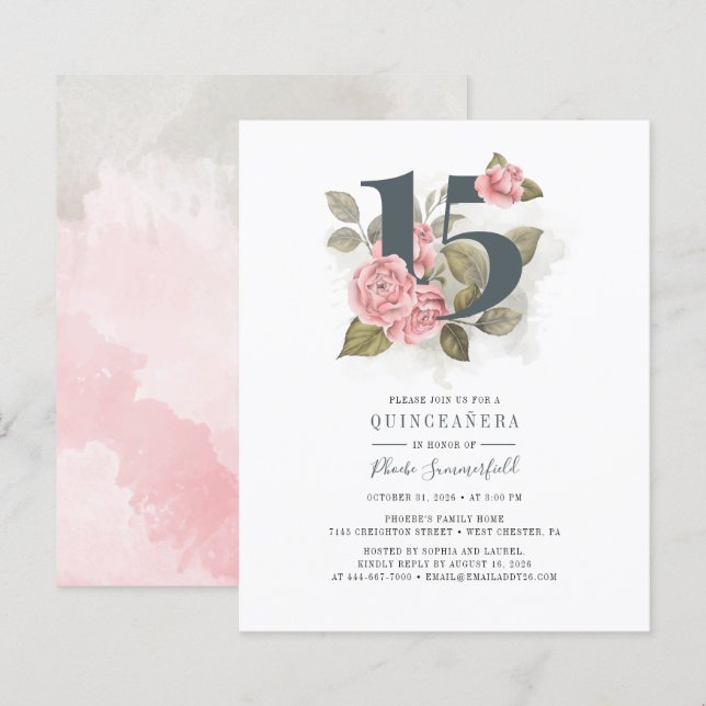 Budget Quinceanera Rustic Sage Green Pink Floral (Front/Back)