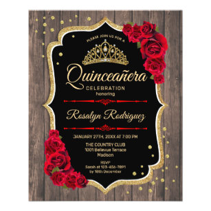 Budget Quinceanera Rustic Wood Gold Red Invitation Flyer