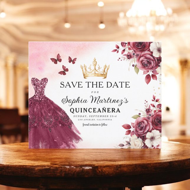 Budget Quinceanera Save the Date Floral Burgundy  (Creator Uploaded)