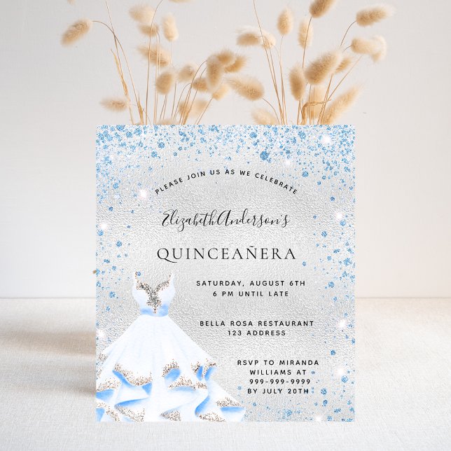 Budget Quinceanera silver blue dress invitation (Creator Uploaded)