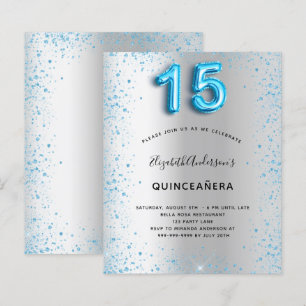 Budget Quinceanera silver blue glitter invitation