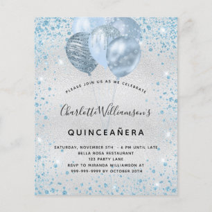 Budget Quinceanera silver blue glitter invitation