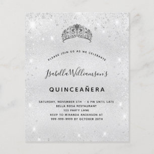 Budget Quinceanera silver glitter tiara invitation