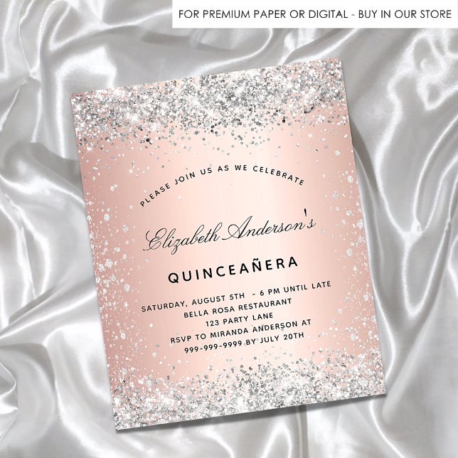 Budget Quinceanera silver rose gold invitation (Creator Uploaded)