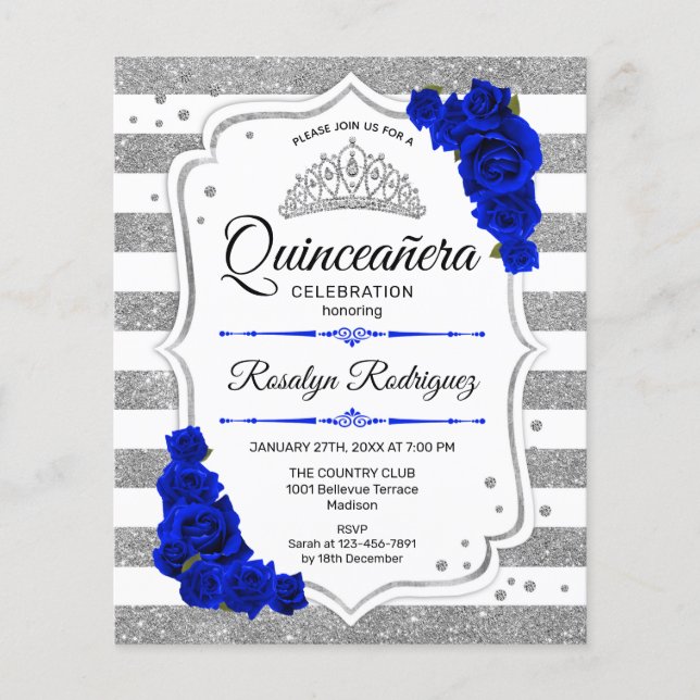 Budget Quinceanera Silver Royal Blue Invite Flyer (Front)