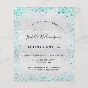 Budget Quinceanera silver teal glitter invitation