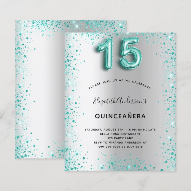 Budget Quinceanera silver teal glitter invitation (Front/Back)