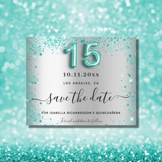 Budget Quinceanera silver teal save the date (Creator Uploaded)