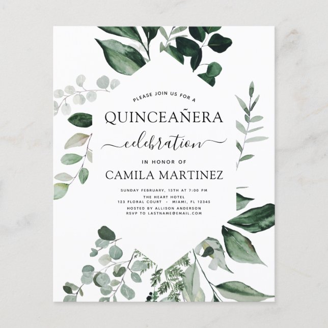 Budget Quinceanera Spring Botanical Greenery Flyer (Front)