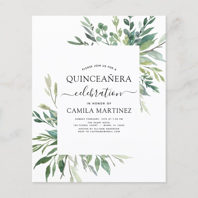 Budget Quinceanera Spring Botanical Greenery Flyer (Front)