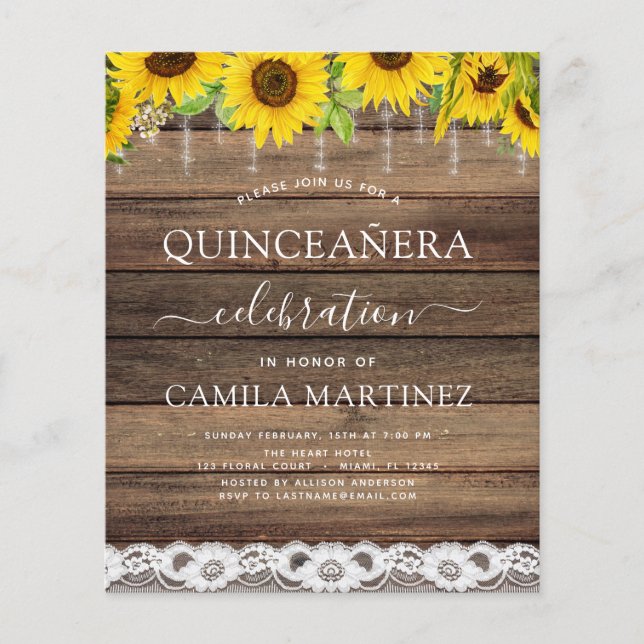 Budget Quinceanera Sunflower Rustic Invitation Flyer (Front)