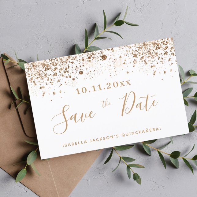 Budget Quinceanera white gold save the date (Creator Uploaded)