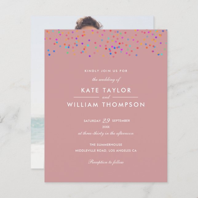 Budget Rainbow Confetti Dusty Rose Wedding Invite (Front/Back)
