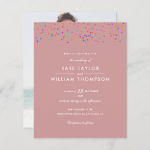 Budget Rainbow Confetti Dusty Rose Wedding Invite