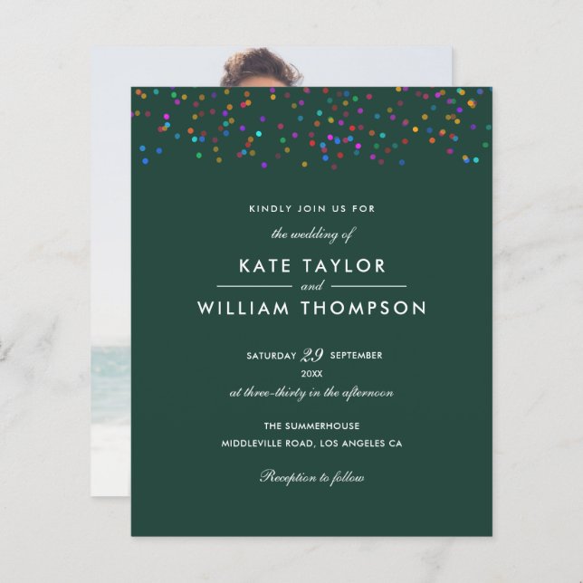 Budget Rainbow Confetti Emerald Wedding Invite (Front/Back)