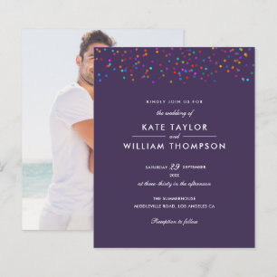 Budget Rainbow Confetti Purple Wedding Invitation