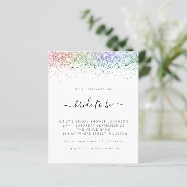 Budget Rainbow Glitter Bridal Shower Invitation (Standing Front)
