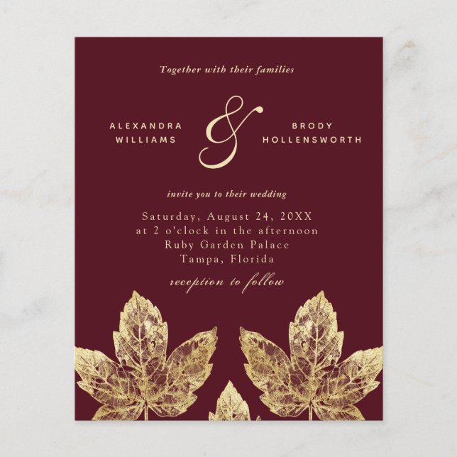 Budget Red And Gold Rustic Leaves Wedding Invite (Front)