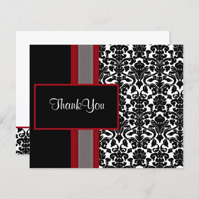 Budget Red Black Damask Wedding Thank You Cards (Front/Back)