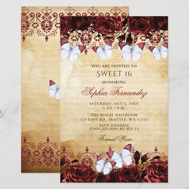 Budget Red Butterfly Sweet 16 Invitation (Front/Back)