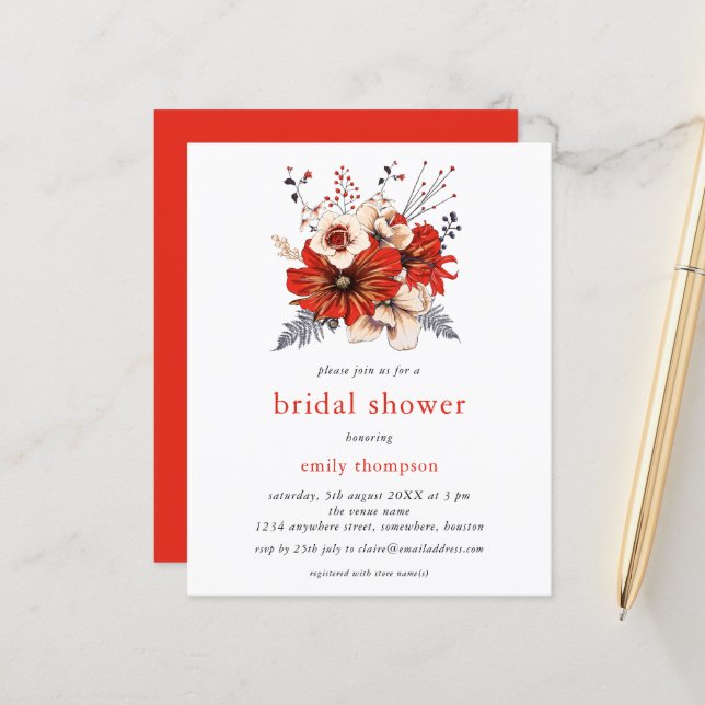 Budget Red Cream Florals Bridal Shower Invitation (Front/Back In Situ)