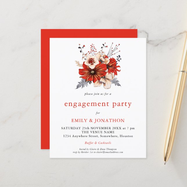 Budget Red Cream florals Engagement Party Invite (Front/Back In Situ)