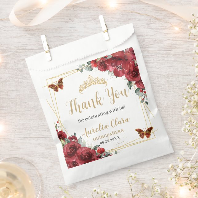 Budget Red Floral Gold Butterfiles Quinceanera XV Favour Bag (Clipped)