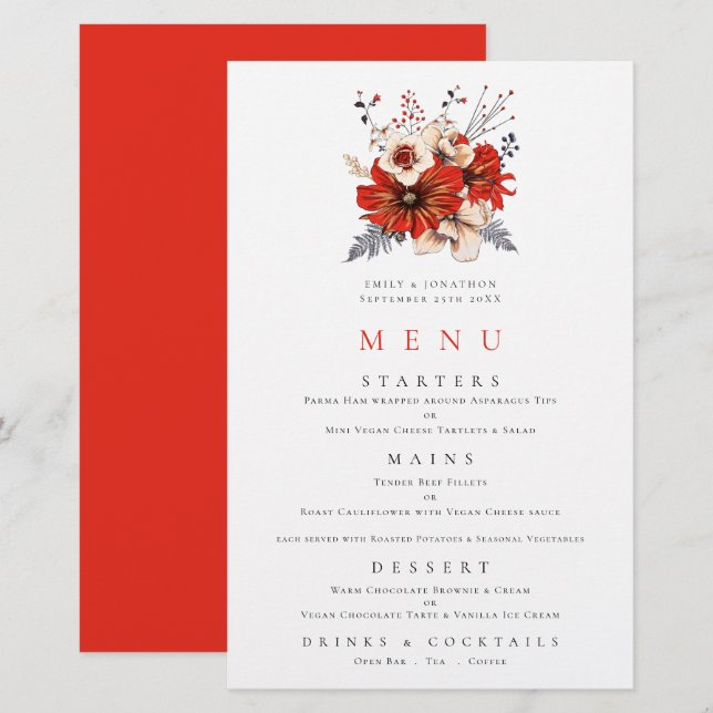 Budget Red Florals Foliage Wedding Menu (Front/Back)