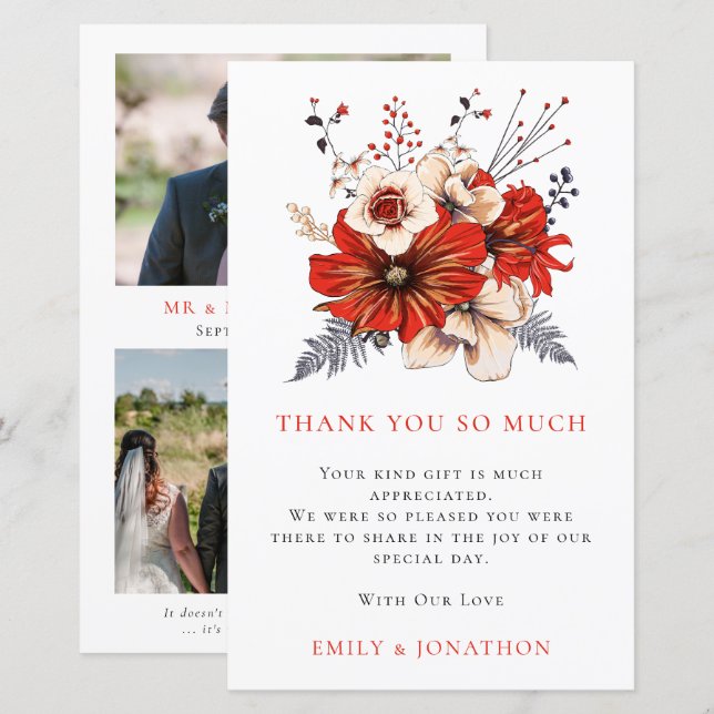 BUDGET Red Florals Wedding 3 Photo Quote Thanks (Front/Back)