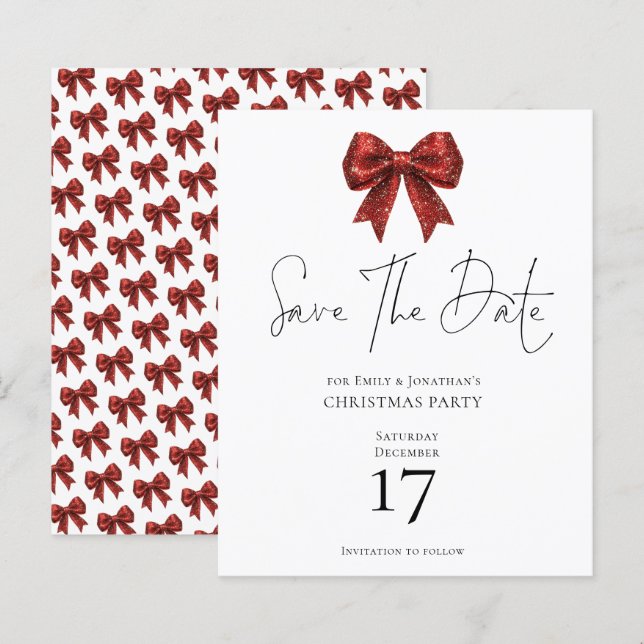 Budget Red Glitter Bow Christmas Save the Date (Front/Back)