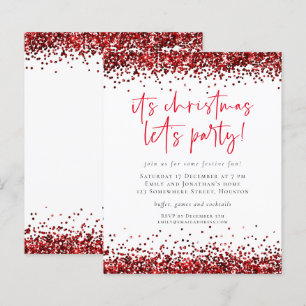 Budget Red Glitter Christmas Lets Party Invite
