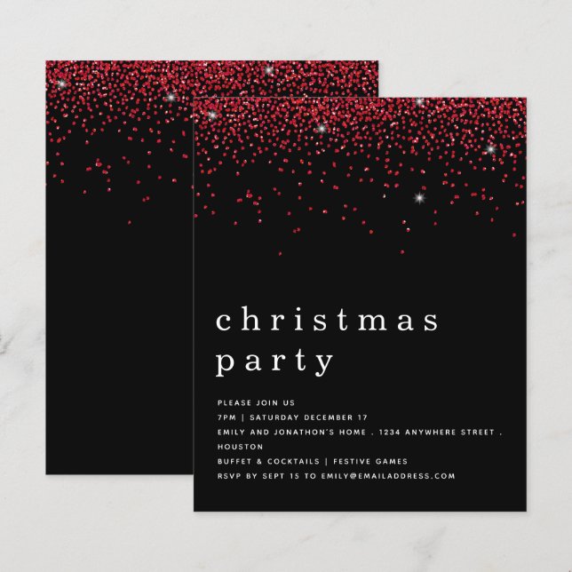 Budget Red Glitter Christmas Party Black Invite (Front/Back)