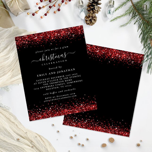 Budget Red Glitter Christmas Party Black Invite (Front and back view)