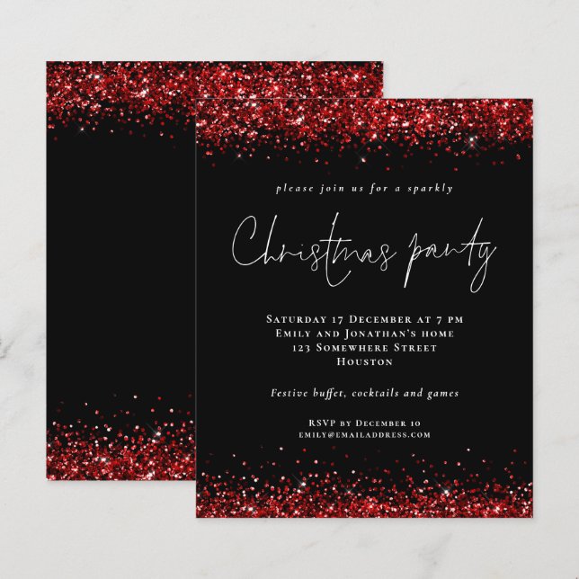 Budget Red Glitter Script Christmas Party Black (Front/Back)