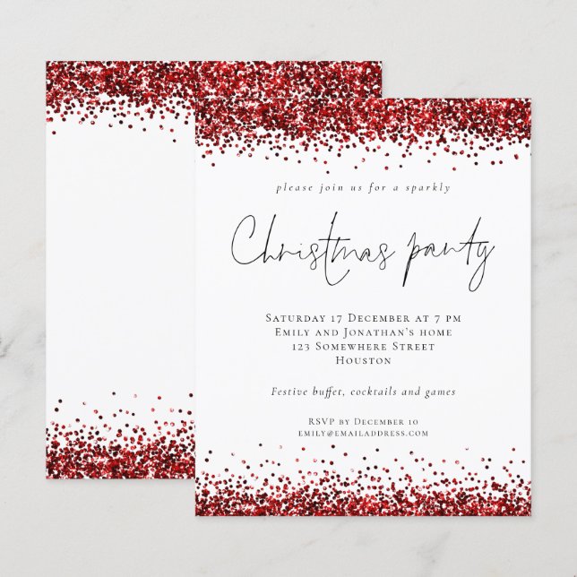 Budget Red Glitter Script Christmas Party White (Front/Back)