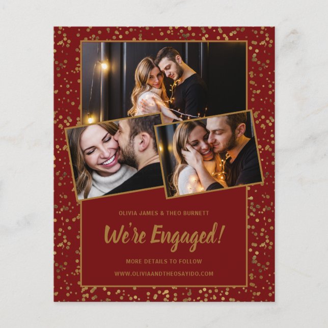 Budget Red Gold 3Photo Engagement Announcement (Front)